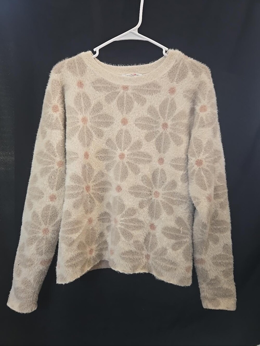 Rachel Zoe Fuzzy Floral Eyelash Knit Sweater Cream Pink Gray M
